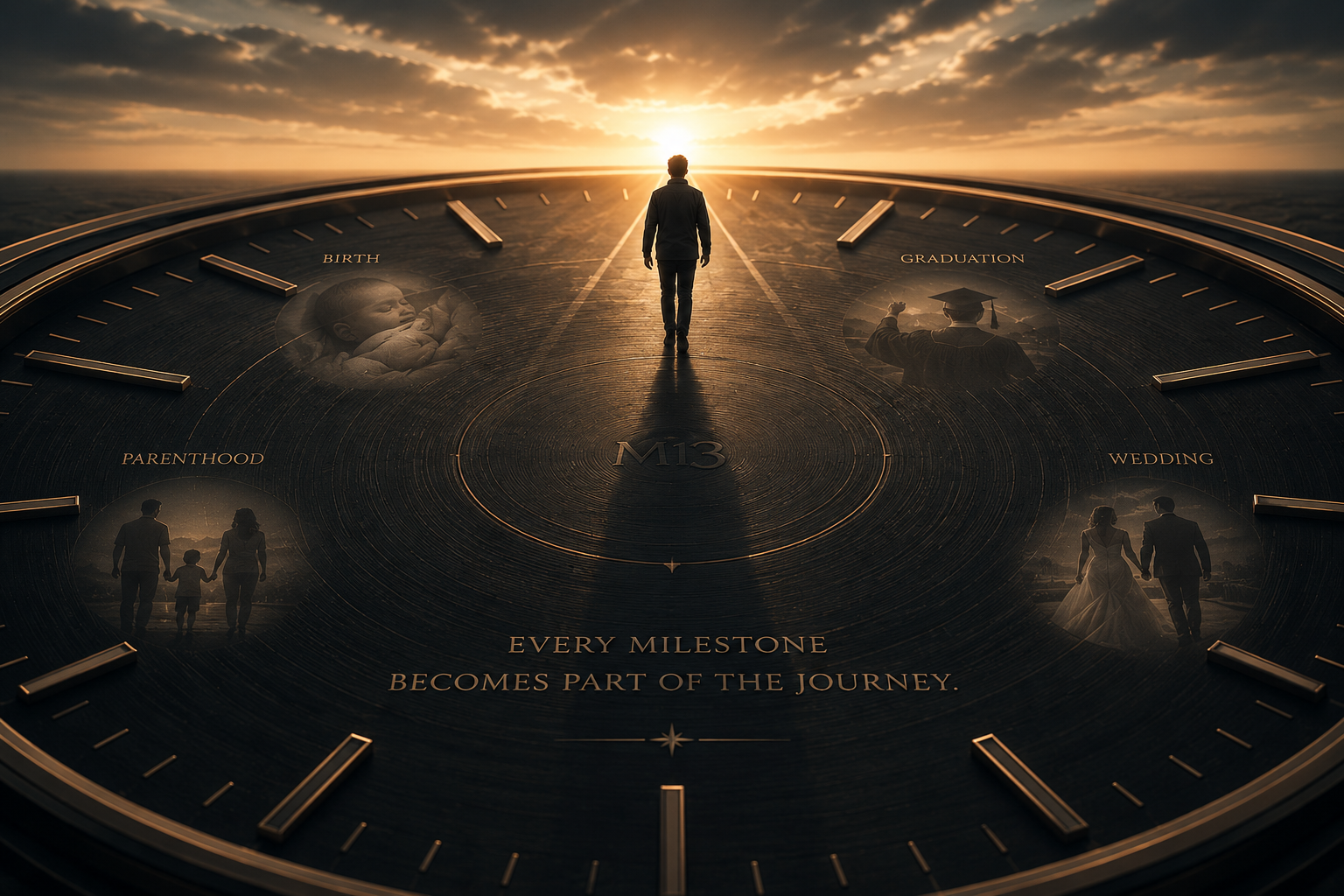A person walking across a Milestone 13 watch dial toward the future, surrounded by life's defining milestones